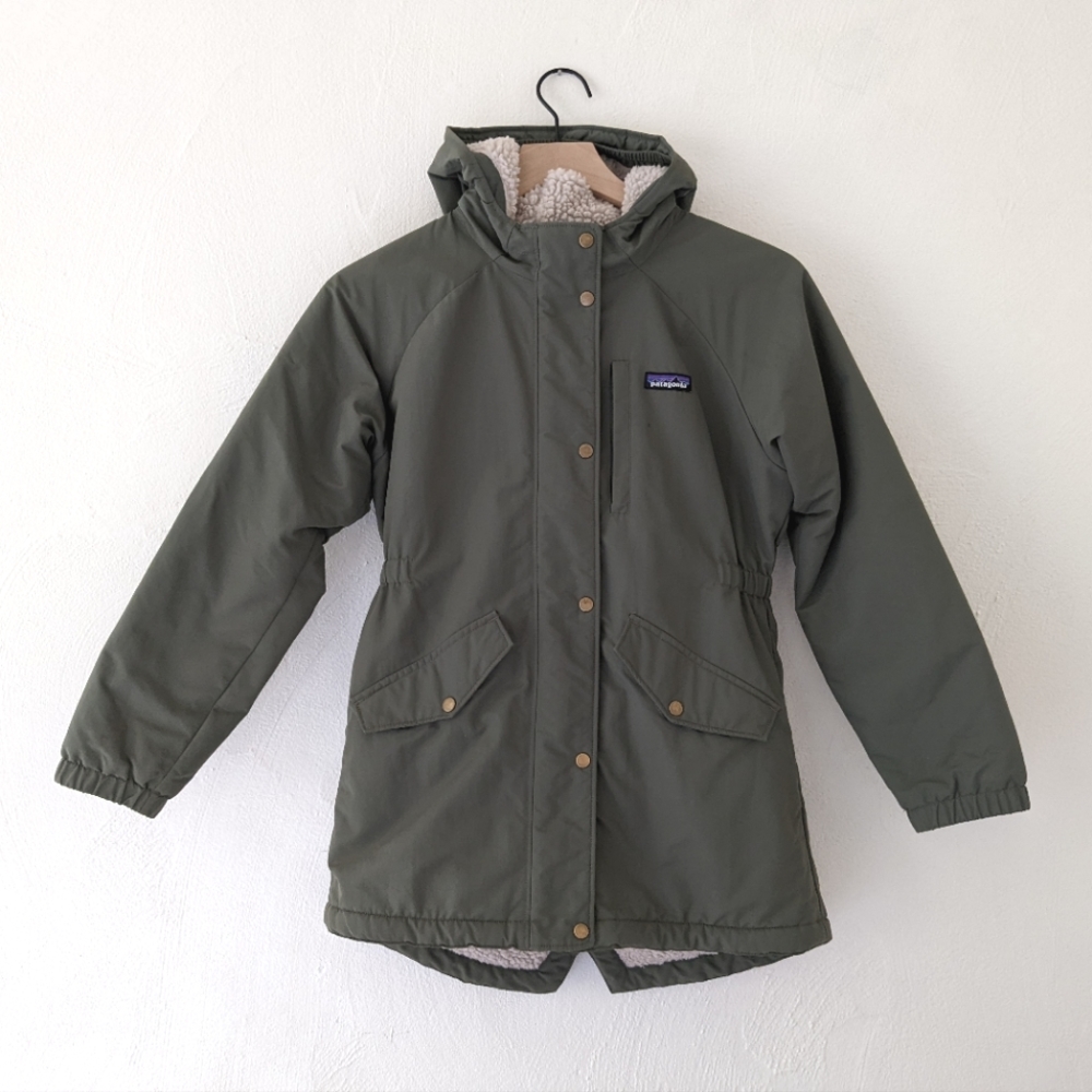 Patagonia Girls Insulated Isthmus Parka Olive Green Size Large 12 Sherpa